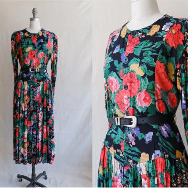 Vintage 80s Dark Floral Puff Sleeve Dress/ 1980s Long Sleeve Black Rayon Dress/ Size Medium 