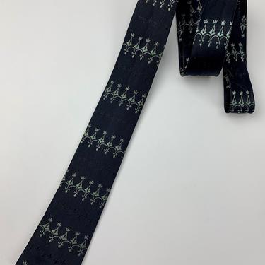 1960'S Narrow Black &amp; Silver Tie - Rayon - Stylized Fleur-de-lis Pattern -Square End Tie 
