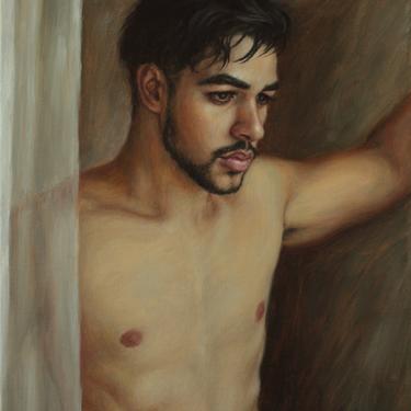Male Portrait, Original Oil Painting by Pat Kelley. Male Nude Figurative Art. Moody, Handsome Man Portrait, Contemporary Realist, 16x12 