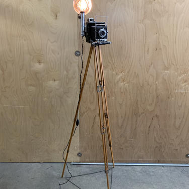 Antique Press Camera on Wooden Tripod CUSTOM FLOOR LAMP.  Photographer gift!!  Free Shipping!! 