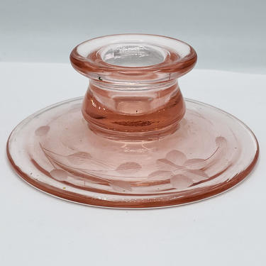 Vintage Salmon Pink Glass Candlestick Holder- Etched Flower Design Match Rosaline Pink-Depression Glass 