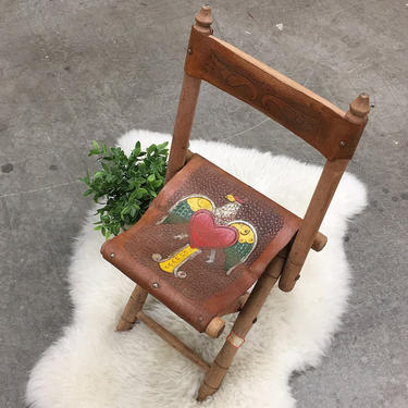 Vintage Kids Chair 1960s Leather and Wood + Folding Chair + Hand-Tooled +  Hand-Painted + Eagle + Red Heart + Home Furniture and Decor 