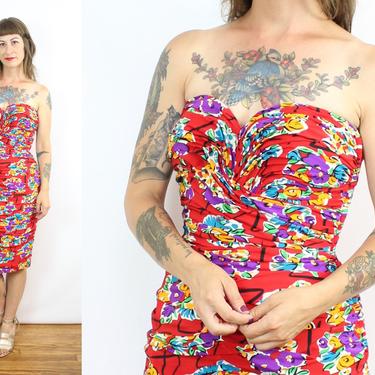 Vintage 90&#39;s Red Floral Cocktail Dress / 1990&#39;s VICKY TIEL Couture Body Con Dress / Silk Wiggle Dress / Women&#39;s Size XS - Small by RubyThreadsVintage