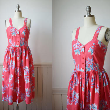 Vintage Fruit Punch Red Batik Cotton Sundress | 1980s/1990s  Floral Print Fit and Flare Dress | Button Front | M 