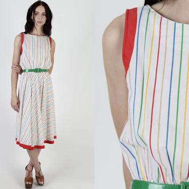 Colorful Rainbow Striped Dress / Vintage 1980s Bright Casual Picnic Dress / Preppy Candy Stripe Tank Dress 