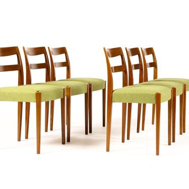 Danish Modern / Mid Century Teak Garmi Dining Chairs — Nils Jonsson for Hugo Troeds — Green Textile —  Set of Six 