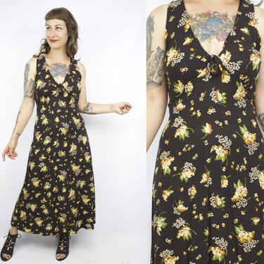 Vintage 90's Black Floral Midi Dress / Contempo Casuals Dress / rayon / 1990's Summer Dress / Women's Size Medium by Ru