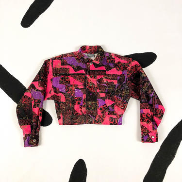 80s Jimmy'Z Pink and Purple Allover Print Cropped Denim Jacket / Gold / Metallic / Small / Printed Denim / 1980s / Fresh Prince / Geometric 