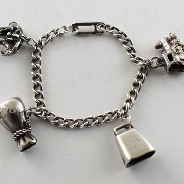40's sterling curb chain child's charm bracelet, clever prospector-themed 4 charm 925 silver bracelet with sister clasp 