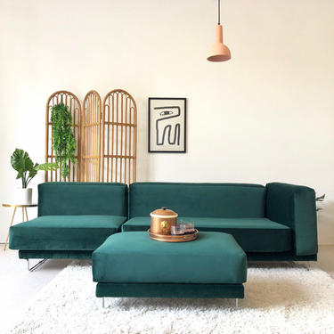 Boho Lounge Sectional Sofa with Ottoman in Dark Green