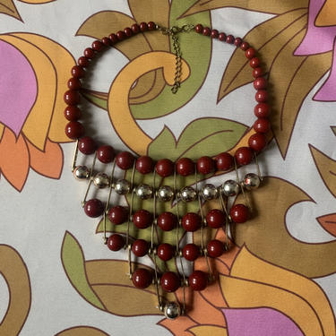 70's BEADED BIB NECKLACE - large beads - red silver and brass 