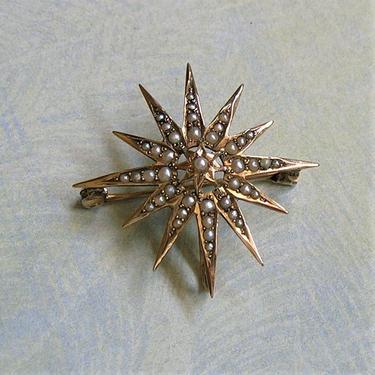 Antique 14K Gold And Seed Pearl Starburst Brooch Pin, Old Seed Pearl Starburst Pin Brooch, 14k Gold Watch Pin, Wedding Jewelry (#3725) 