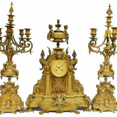 Antique Mantle Clock, French Renassance Revival Set Bronze Clock Set, 1800's