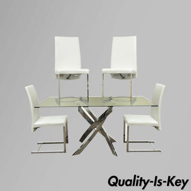 Modern Chrome X Base Glass Dining Table Set 4 White Chairs Pastel Fahrenheit