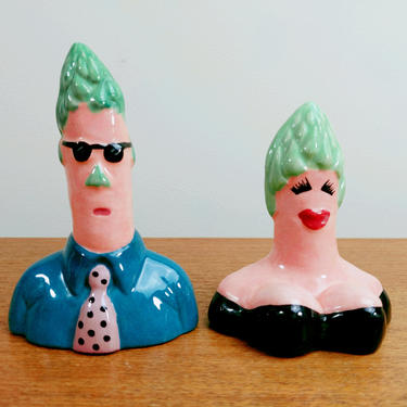 Vintage Asparagus People Salt and Pepper Shakers | Anthropomorphic New Wave Memphis | 1980s 1990s | Signed 
