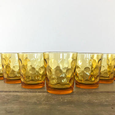 Set of 7 Mid-Century Yellow Amber Thumbprint Optic Dot Glass Tumblers, Vintage 1950s Hazel Atlas Barware, Casual Highball Cocktail Glasses 