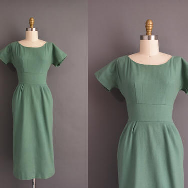 1950s vintage dress | Sage Green Short Sleeve Cocktail Party Pencil Skirt Wiggle Dress | XS Small | 50s dress 