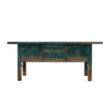 Chinese Distressed Blue 2 Drawers Sideboard Console Altar Table cs5337S