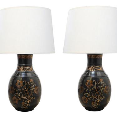 Large Pair of Moroccan Black Lacquered Wooden Lamps with Gilt Decoration