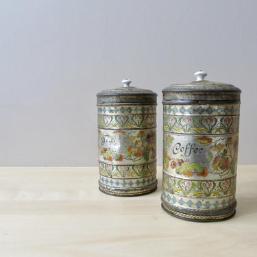 antique litho tin canisters porcelain knobs - coffee and tea containers with lids 