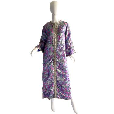 60s Metallic Brocade Caftan Dress / Vintage Moroccan Silver Kimono / 1970s Silk Kaftan Large 