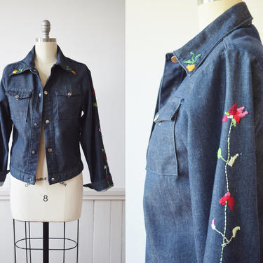 1970s Floral Embroidered Denim Jacket by Mann | Vintage 70s Jean Jacket | S 