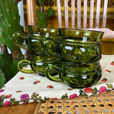 Set of 4 Vintage Indiana Glass Kings Crown Coffee Cups Green 