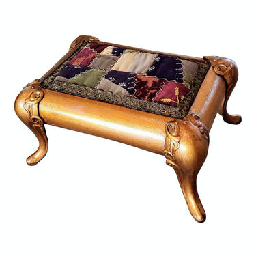Antique Asian Gilt Bronze Cast Iron Ottoman - Footstool - Pouf with Upholstered Patchwork Top 