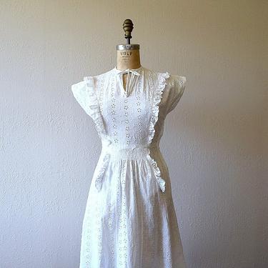 1940s pinafore dress . vintage 40s white eyelet dress 