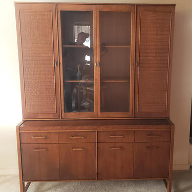 Mid Century Modern Walnut Credenza with Cane Hutch the Panorama Series by Drexel 