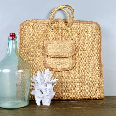 Large Vintage 1970s Woven Straw Beach Bag Bohemian Tote with Handles 