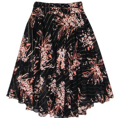 Joie - Black & Pink Floral Print Belted "Arvina" Skirt w/ Gold Stripes Sz 8