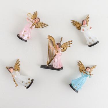 Set of 5 Small Plastic Musical Angel Figurines, Mini Pastel Angles Playing Instruments, Vintage Christmas Ornaments, Christmas Craft or DIY 