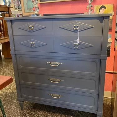 Gray painted Italian provincial chest of drawers. 44.25” x 20” x 48.25”