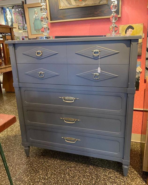 Gray painted Italian provincial chest of drawers. 44.25” x 20” x 48.25”