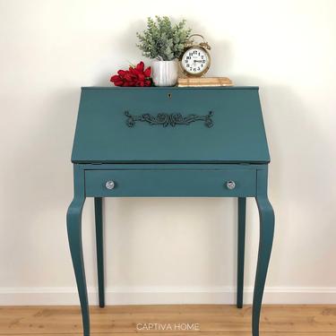 Vintage Secretary Desk with Drop Down Writing area, Cubbies, Storage, Drawer, Curvy Legs, Turquoise, Dark Wax, Details, Applique, Pretty by CaptivaHomeDecor