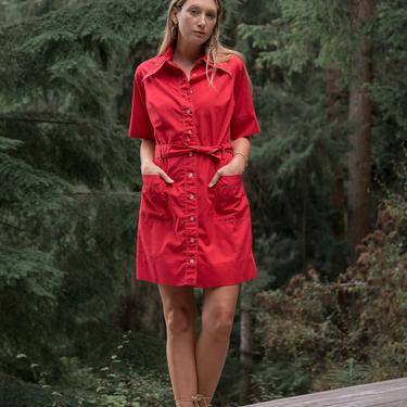 60s Mod Dress, Pointy Collar Button up Dress, Retro 60's Dress with Pockets, Red Scooter Dress, Babydoll Shift Dress, Large 