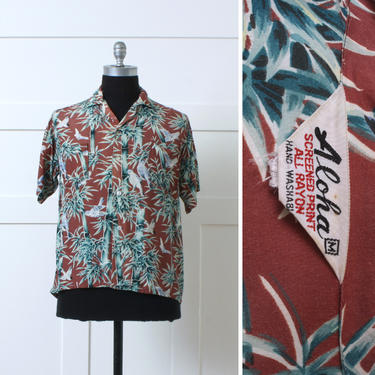 mens vintage 1940s 1950s rayon Hawaiian shirt • birds and bamboo aloha tropical shirt 