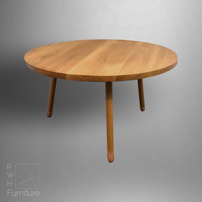 Coffee Table, Modern Coffee Table with Round White Oak Top and Copper Capped Turned Legs 