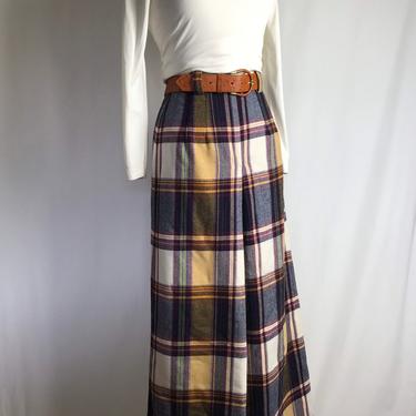 60’s 70’s flannel plaid maxi skirt~ culottes style skirt~ Aline long~ purples yellow multi colorful block plaid~ size 25” waist XSM 