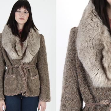 Vintage Lilli Ann Coat / Plush Arctic Fox Fur Trim Collar / Nubby Tweed Wool Preppy Knit Jacket 