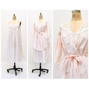 70s 80s Vintage Christian Dior Cotton Nightgown Peignoir Robe Sleep Dress Robe Pink White Lace Wedding Honeymoon Maternity Lingerie Medium 