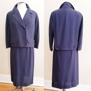1940s Navy Blue Skirt Suit Rayon Wool Blend / 40s Boxy Blazer Jacket + Matching Midi Skirt Office Secretary Youthmore Original L 