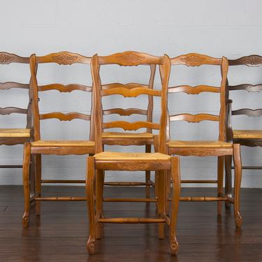 Set of 6 Country French Provincial Louis XV Ladder Back Maple Dining Chairs 