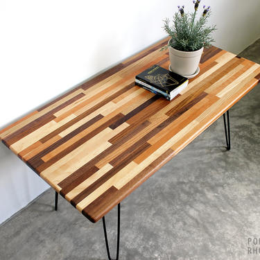 Mixed Wood Coffee Table Hairpin Legs Walnut - Modern Furniture Mid Century Eames Style Reclaimed Hardwood Design 