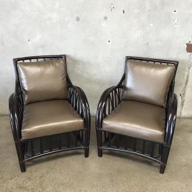 Pair of Rattan Palecek Chairs with New Vinyl Upholstery