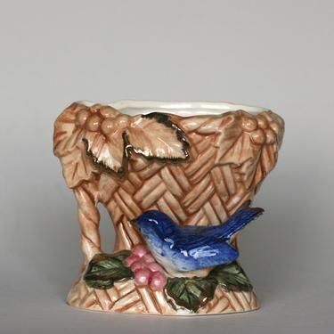 vintage ceramic  brown basket planter with blue bird and grape leaves 
