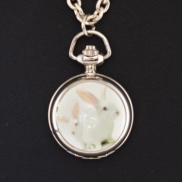 Whimsical 90's hunting case white rabbits silver plate pocket watch necklace, kitsch bunny faced watch on long rolo chain 