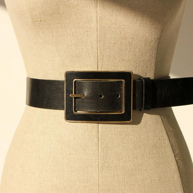 Vintage 90s Y2K Banana Republic Black Leather Wide Belt with Large Gold Framed Buckle | Made in Italy | 1990s 2000s Designer Leather Belt 