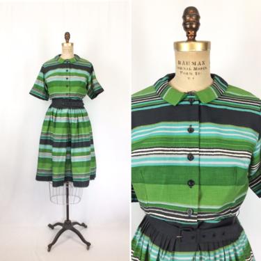 Vintage 60s dress | Vintage green black blue stripe shirt waist dress | 1960s Junior Vogues dress 